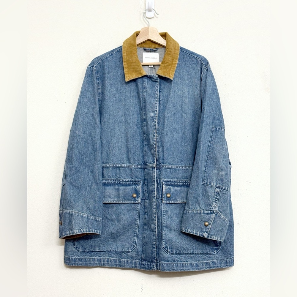 NWT Banana Republic Denim Car Coat With Corduroy in Blue/ Camel Collar Sz XL